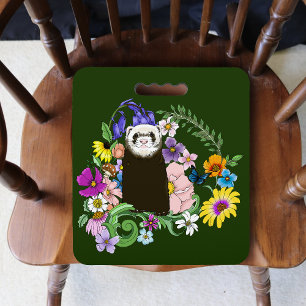Cute Chocolate Sable Ferret Floral Green Seat Cushion