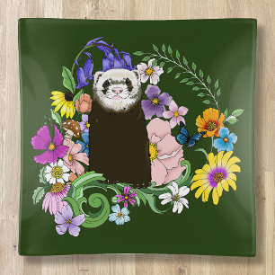 Cute Chocolate Sable Ferret Floral Green Trinket Tray