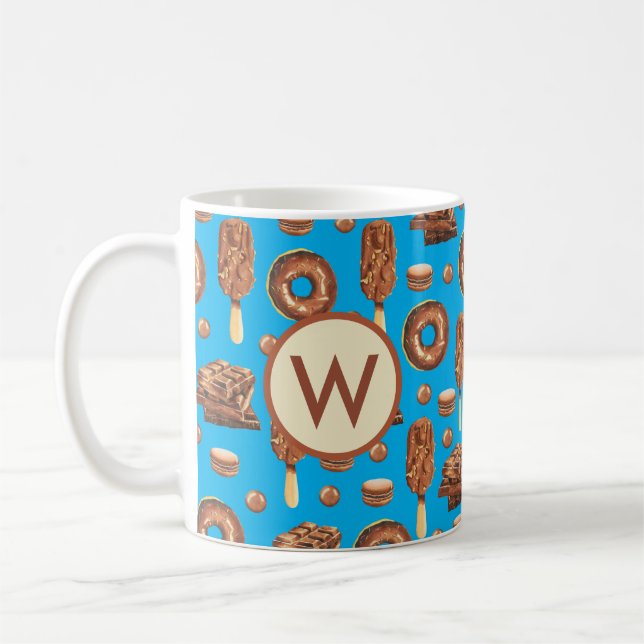 Cute Chocolate Sweets Ice Cream Donuts Monogram  Coffee Mug (Left)