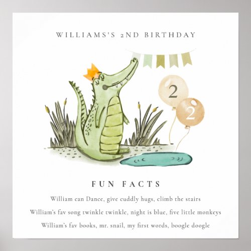 Cute Chomp Alligator in Swamp Fun Facts Birthday Poster