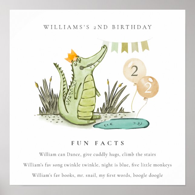 Cute Chomp Alligator in Swamp Fun Facts Birthday Poster (Front)