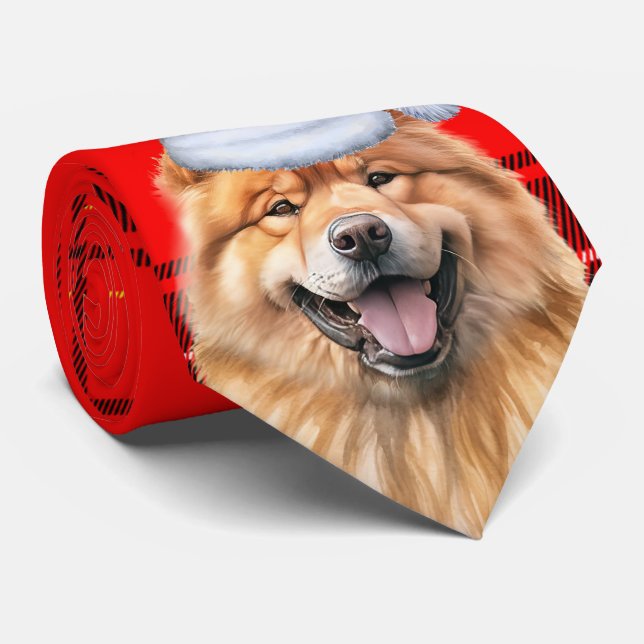 Cute Chow Chow Dog Red Plaid Christmas Holiday Neck Tie (Rolled)