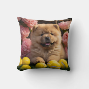 🐕 Cute chow chow Pup with Tennis ball Throw Pillow