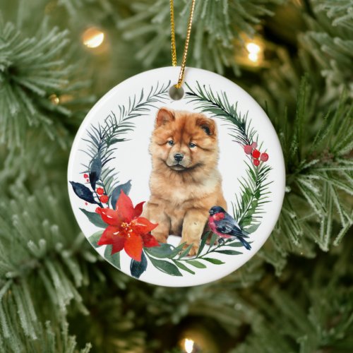 Cute Chow Chow Puppy Watercolor Poinsettia Ceramic Ornament