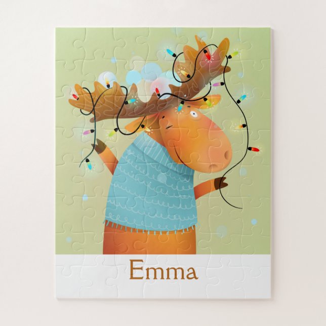 Cute Chrismas Lights Moose Animal Nature Art  Jigsaw Puzzle (Vertical)