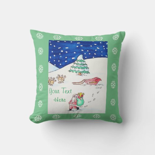 Cute chrismas snow scene with funny reindeer throw pillow