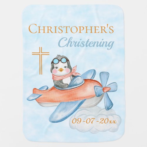 Cute Christening Baby Penguin Airplane Baby Blanket