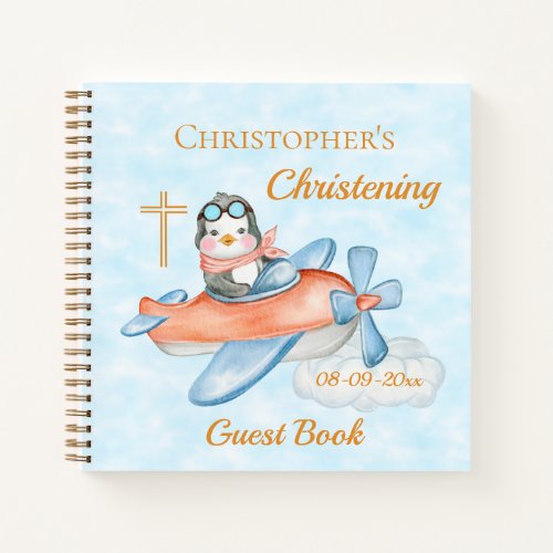 Cute Christening Baby Penguin Airplane Guest  Notebook