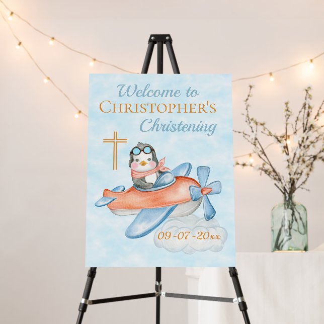 Cute Christening Baby Penguin Airplane Welcome Foam Board (In Situ (Stand))