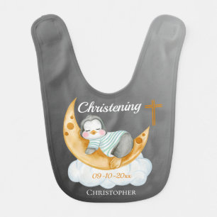 Cute Christening Baby Penguin And Moon  Bib