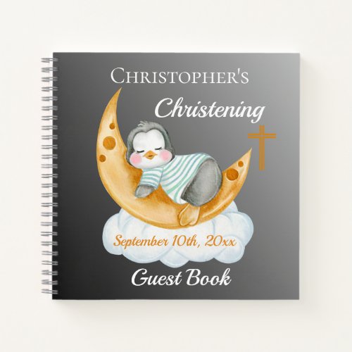 Cute Christening Baby Penguin And Moon Notebook