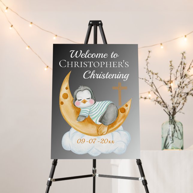 Cute Christening Baby Penguin Moon Welcome  Foam B Foam Board (In Situ (Stand))