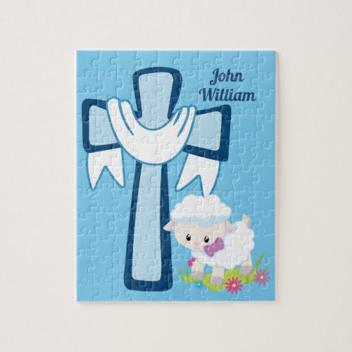 Cute Christian Little Boy Blue Lamb Cross Baptism Jigsaw Puzzle