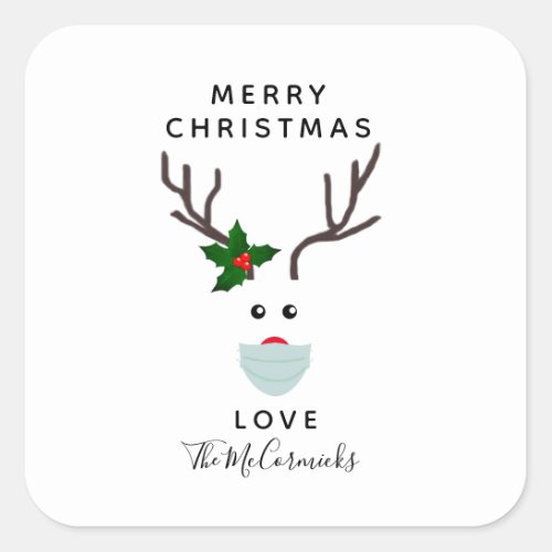 Cute Christmas 2020 Reindeer In Face Mask Name Square Sticker