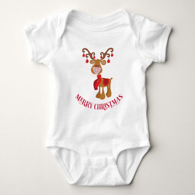 Cute Christmas 2020 Reindeer Rudolph Face Mask Baby Bodysuit (Front)