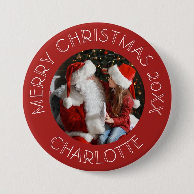 Cute Christmas 2025 Photo Santa Kids Name Button (Front)
