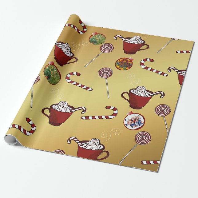 Cute Christmas 3 photos custom and candy canes Wrapping Paper (Unrolled)