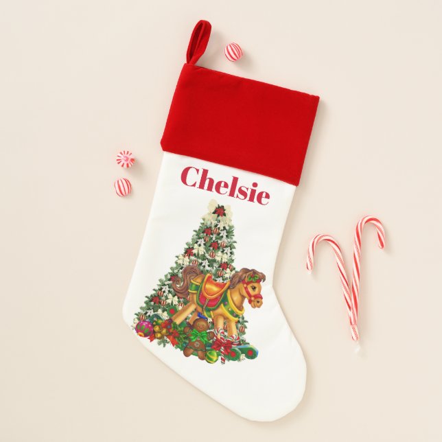 Cute Christmas add name rocking horse stocking (Front)