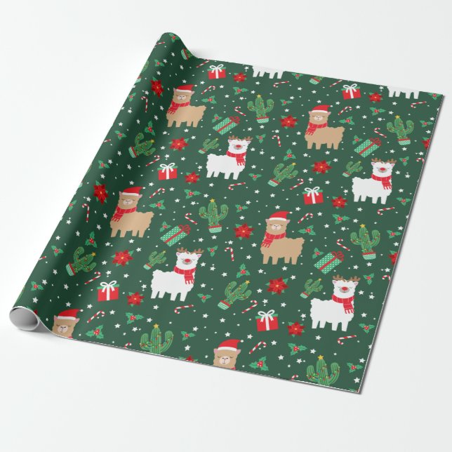 Cute Christmas Alpaca Wrapping Paper (Unrolled)