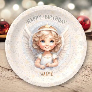 Cute Christmas Angel Birthday Name Paper Plates