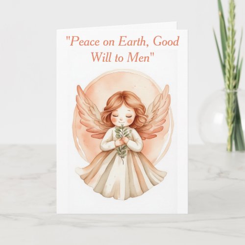 Cute Christmas Angel Eucalyptus Peach Watercolor Holiday Card
