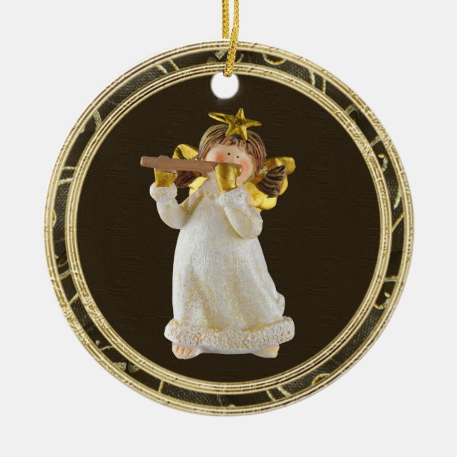 Cute Christmas Angel Playing Flute Ornament (Front)