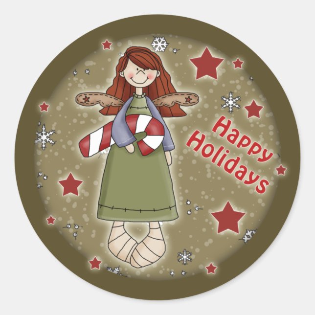 Cute Christmas angel with candy cane Classic Round Sticker (Front)