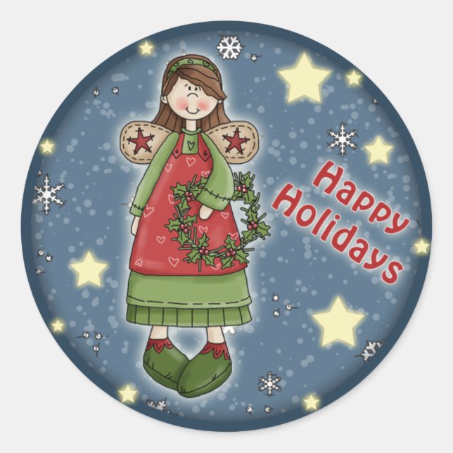 Cute Christmas angel with wreath Classic Round Sticker (Front)