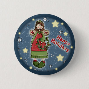 Cute Christmas angel with wreath Pinback Button