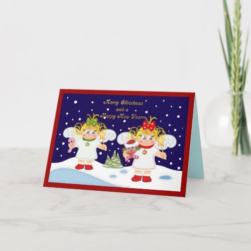 Cute Christmas angels and golden text card