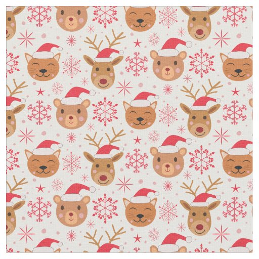 Cute Christmas Animals Cat, bear and reindeer Fabric