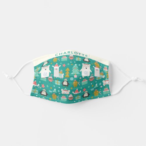 Cute Christmas Animals in Teal Green Personalized Adult Cloth Face Mask