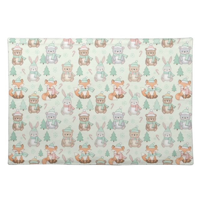 Cute Christmas Animals Seamless Pattern Cloth Placemat (Front)