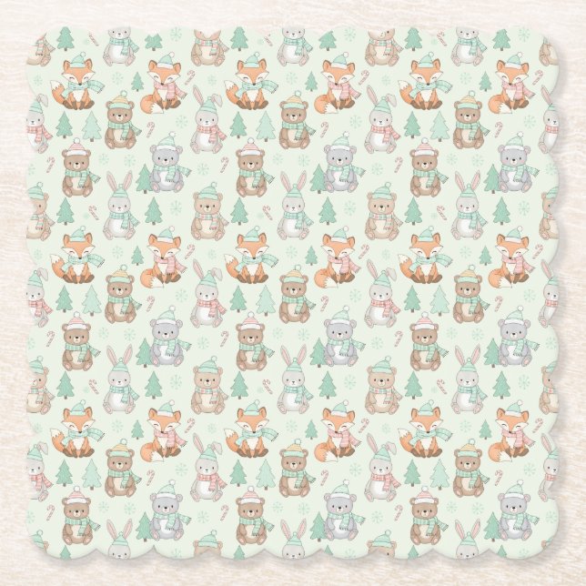 Cute Christmas Animals Seamless Pattern Paper Coaster (Front)