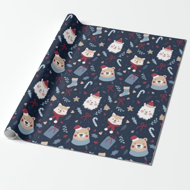 Cute Christmas Animals Wrapping Paper (Unrolled)