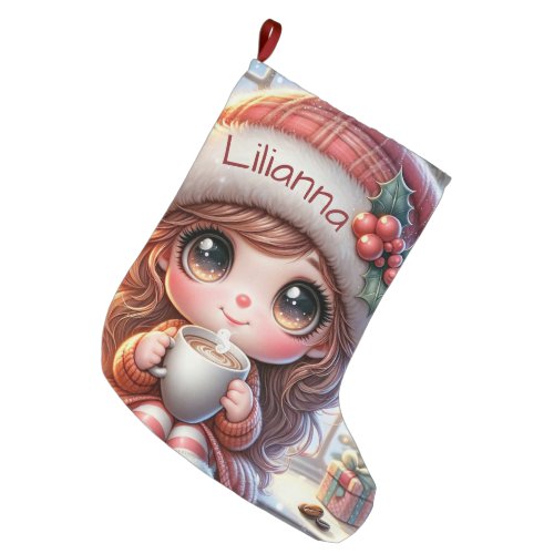 Cute Christmas Animated Girl Large Christmas Stocking