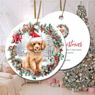 Cute Christmas apricot poodle dog puppy Santa hat