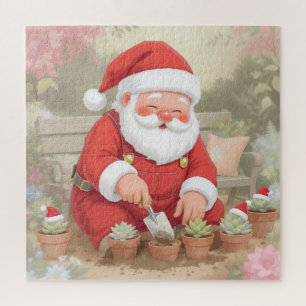 Cute Christmas Art Santa Gardening Succulents Jigsaw Puzzle