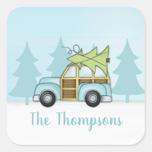 Cute Christmas Automobile Holiday Custom Name Square Sticker