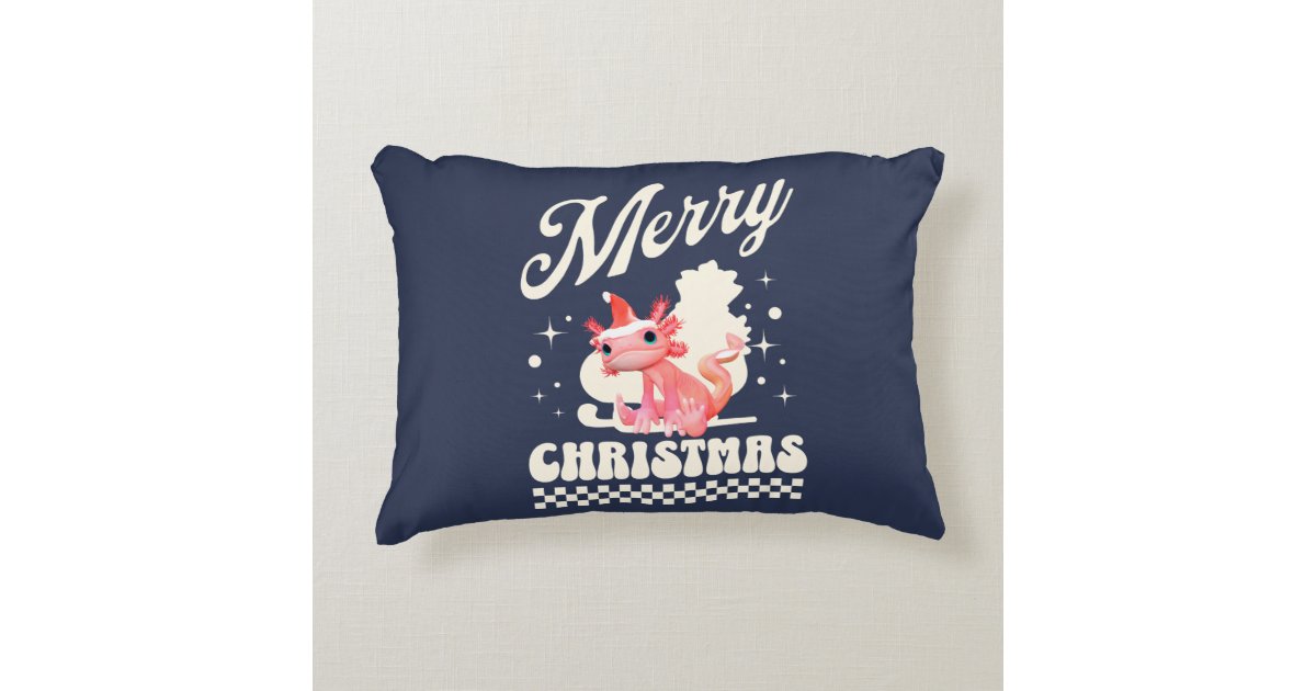 Cute Pink Christmas Axolotl in Santa Hat on Navy Accent Pillow