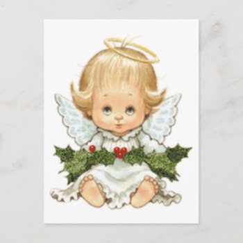 Cute Christmas Baby Angel And Holly Postcard by santasgrotto at Zazzle