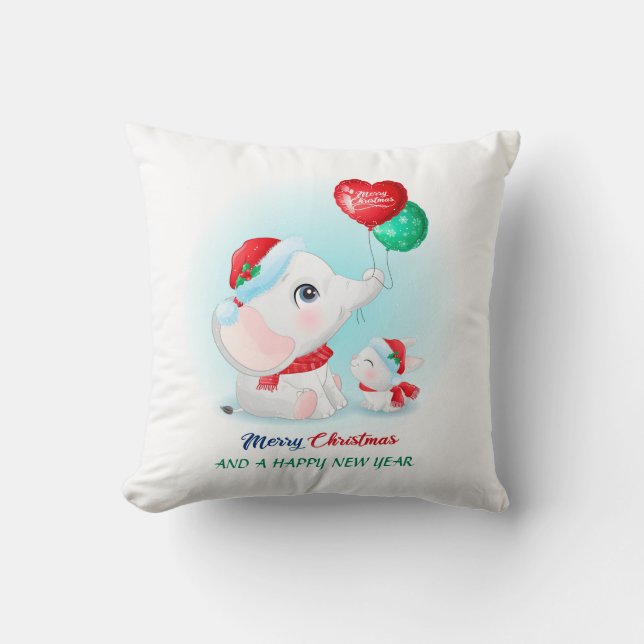 Cute Christmas Baby Elephant Bunny Nursery Throw Pillow (Front)
