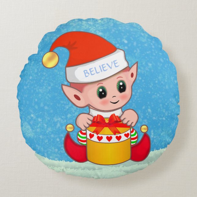 Cute Christmas Baby Elf on Light Blue Round Pillow (Front)