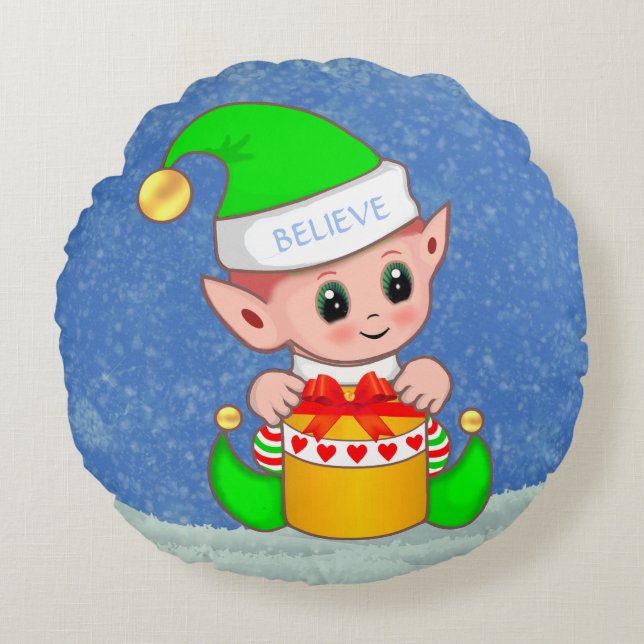 Cute Christmas Baby Elf on Light Blue Round Pillow (Front)