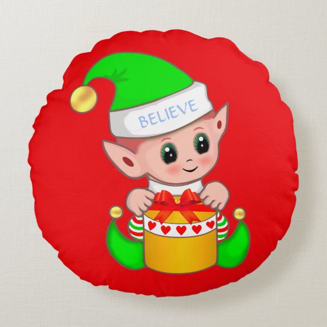 Cute Christmas Baby Elf on Red Round Pillow (Front)