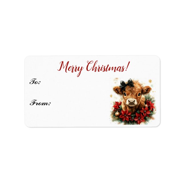 Cute Christmas Baby Highland Calf Gift Tag (Front)