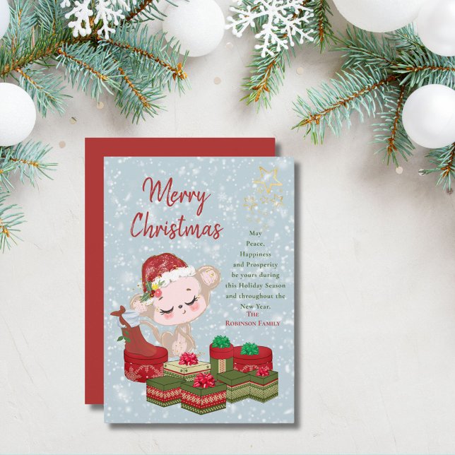 Cute Christmas Baby Monkey Red Santa Hat Holiday Card (Creator Uploaded)