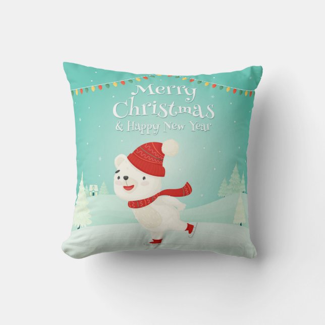 Cute Christmas Baby Polar Bear with Festive Lights Throw Pillow (Front)