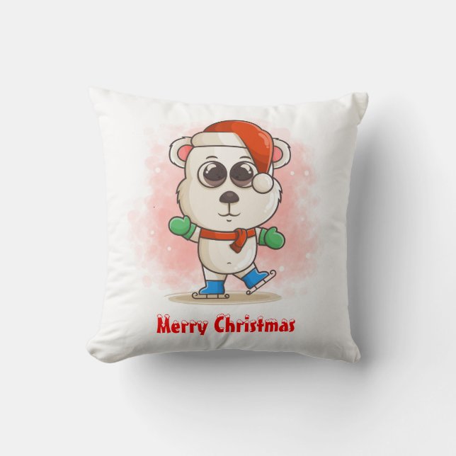 Cute Christmas Baby Polar Bear with Ice Skates Throw Pillow (Front)