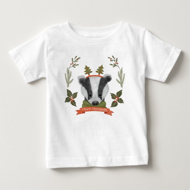 Cute Christmas Badger Portrait Baby T-Shirt (Front)